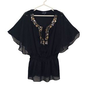 Marineblu Blouse Tunic Preppy Bohemia Black Chiffon Embellished Size M Womens